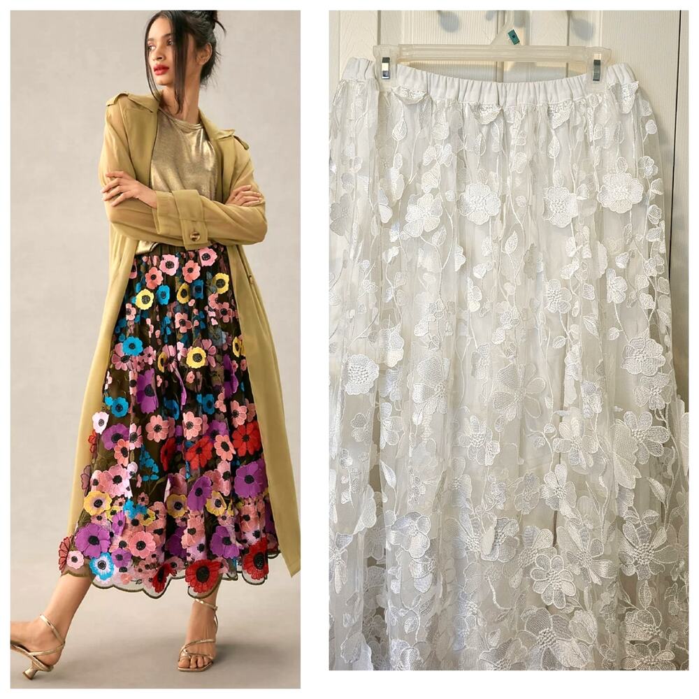 Anthropologie Multicolor Floral Appliqué Midi Skirt